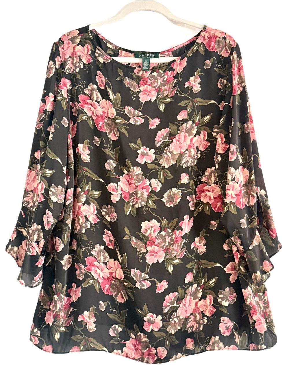 Lauren Ralph Lauren Black Floral Blouse with Pink Blossoms 2X